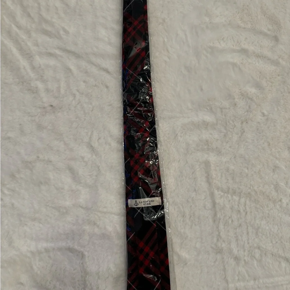 Kids red and navy plaids tie from Land’s End. New and still in packaging